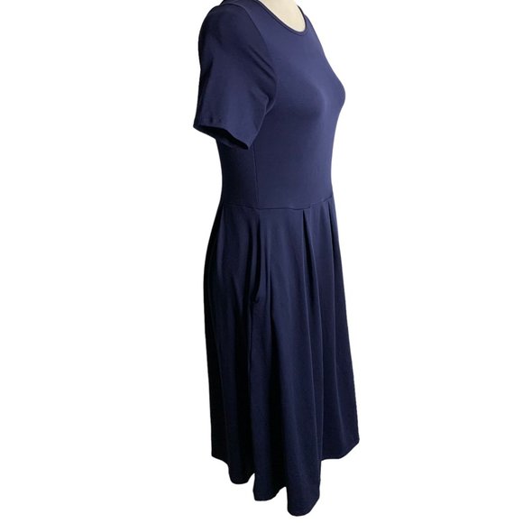 24 Seven Comfort Apparel Pleated Midi Dress S Navy Blue Short Sleeves Pockets - Picture 5 of 6